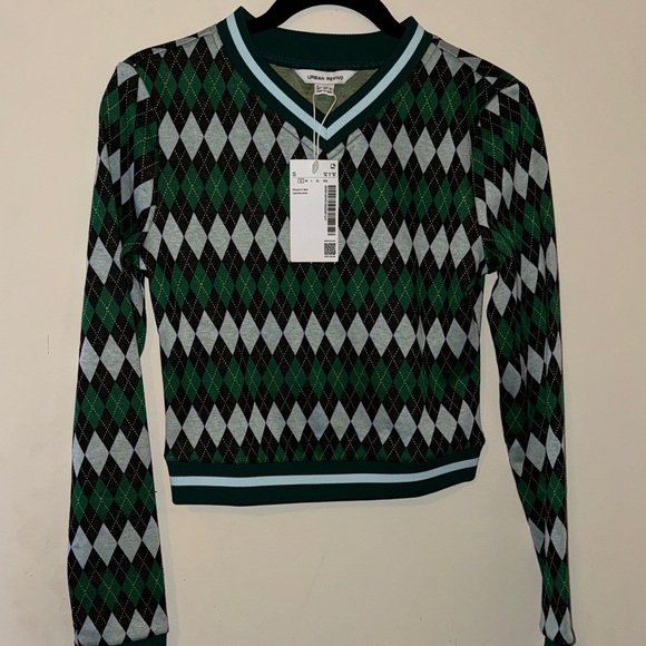 None Sweaters - Green and Black Argyle V-Neck Sweater